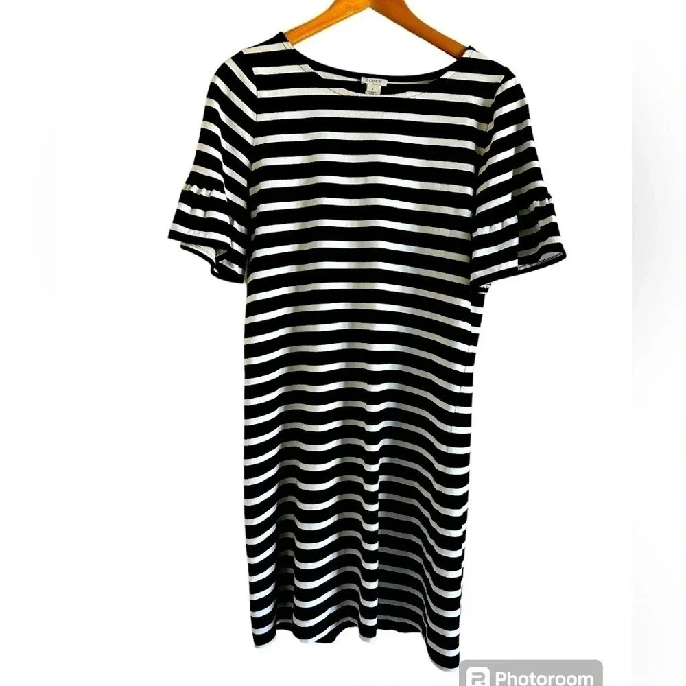J.CREW Mini Shirt Dress Black & White Stripes Short bell sleeves Cotton Sz S